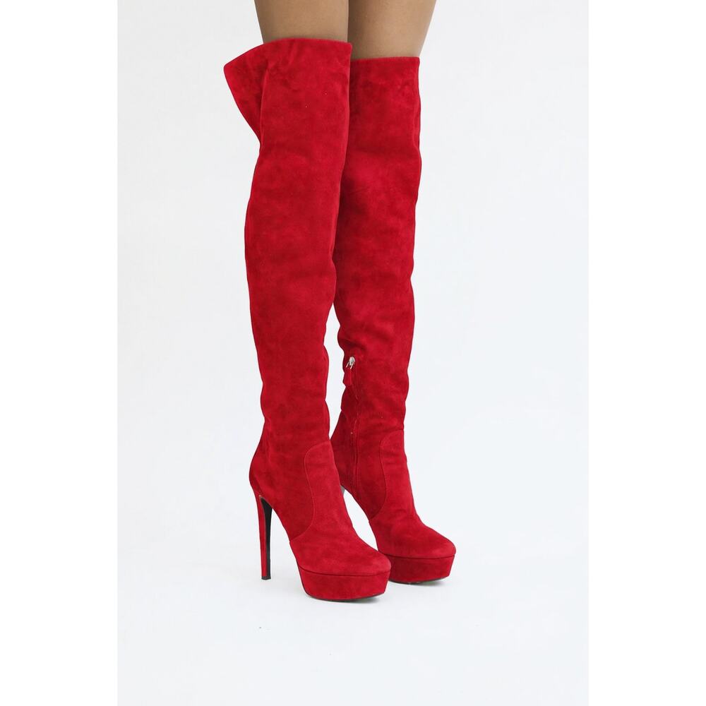 Prada Red Suede Over The Knee Thigh High Platform Heels Boots Size 39.5 Italy